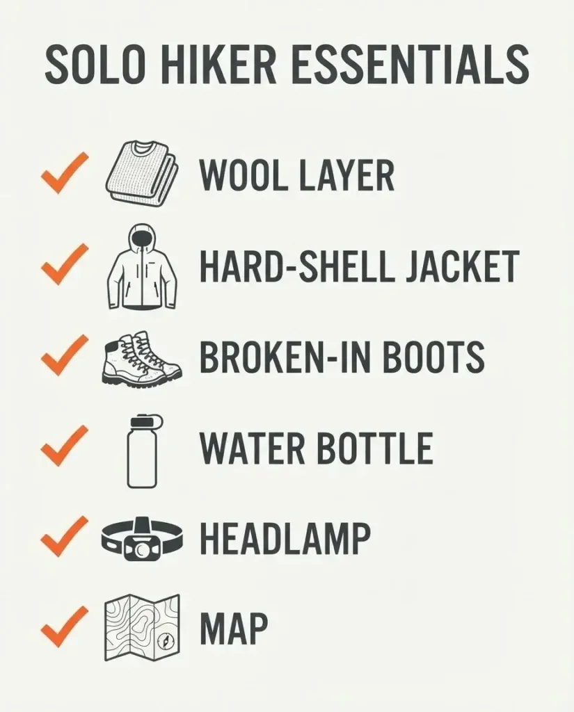 A modern flat vector checklist for solo hikers in Norway, displaying essential items like wool base layers, hard-shell waterproof jackets, and sturdy hiking boots.
