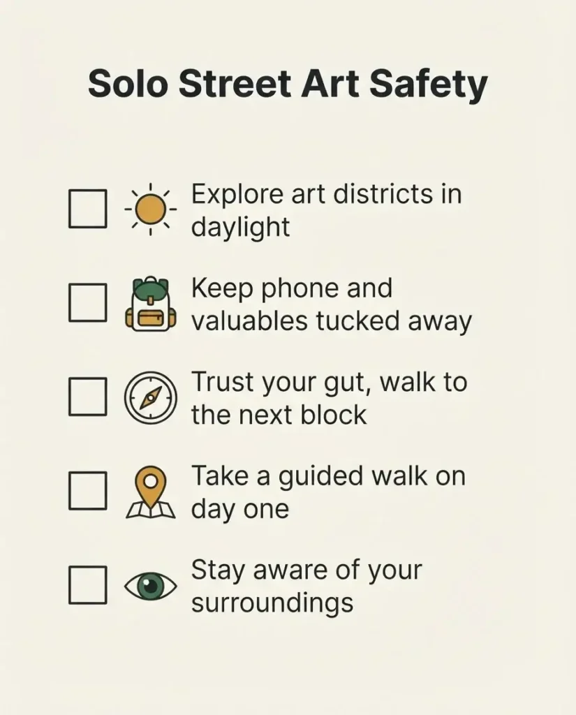 Flat vector safety checklist for exploring street art neighborhoods solo in European cities