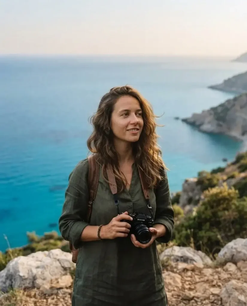 A candid shot of a young female traveler with a mirrorless camera looking out over the turquoise water of the Albanian Riviera coastline during the daytime.