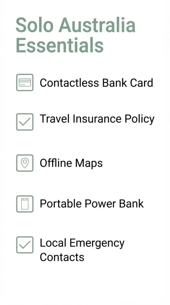 A minimalist checklist for solo travelers in Australia including items like contactless bank card, travel insurance, digital maps, and local emergency contacts.