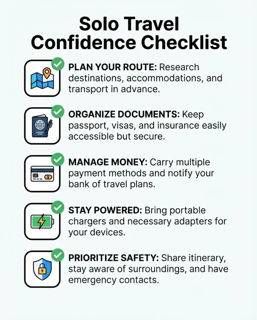 A clean vertical checklist for solo travelers featuring five essential pre-trip steps: offline maps, passport backups, bank notifications, portable battery, and travel insurance.