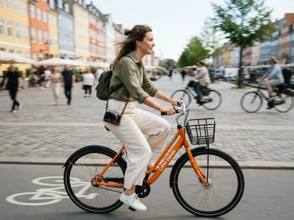 A solo female traveler riding an orange rental bicycle along a designated bike lane in Copenhagen, with historic Nordic architecture in the background.