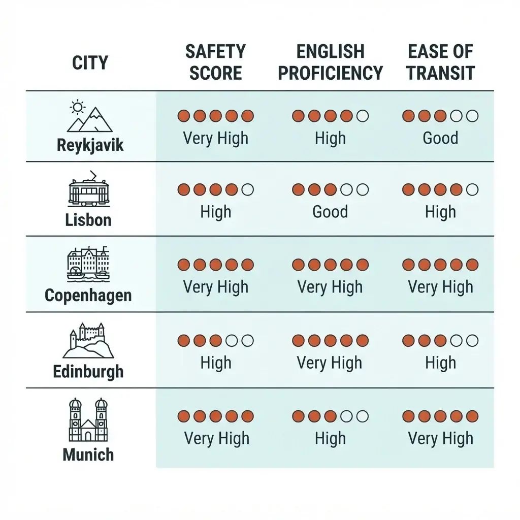 A minimalist comparison table ranking Reykjavik, Lisbon, Copenhagen, Edinburgh, and Munich based on solo traveler safety, English proficiency, and ease of public transit navigation.