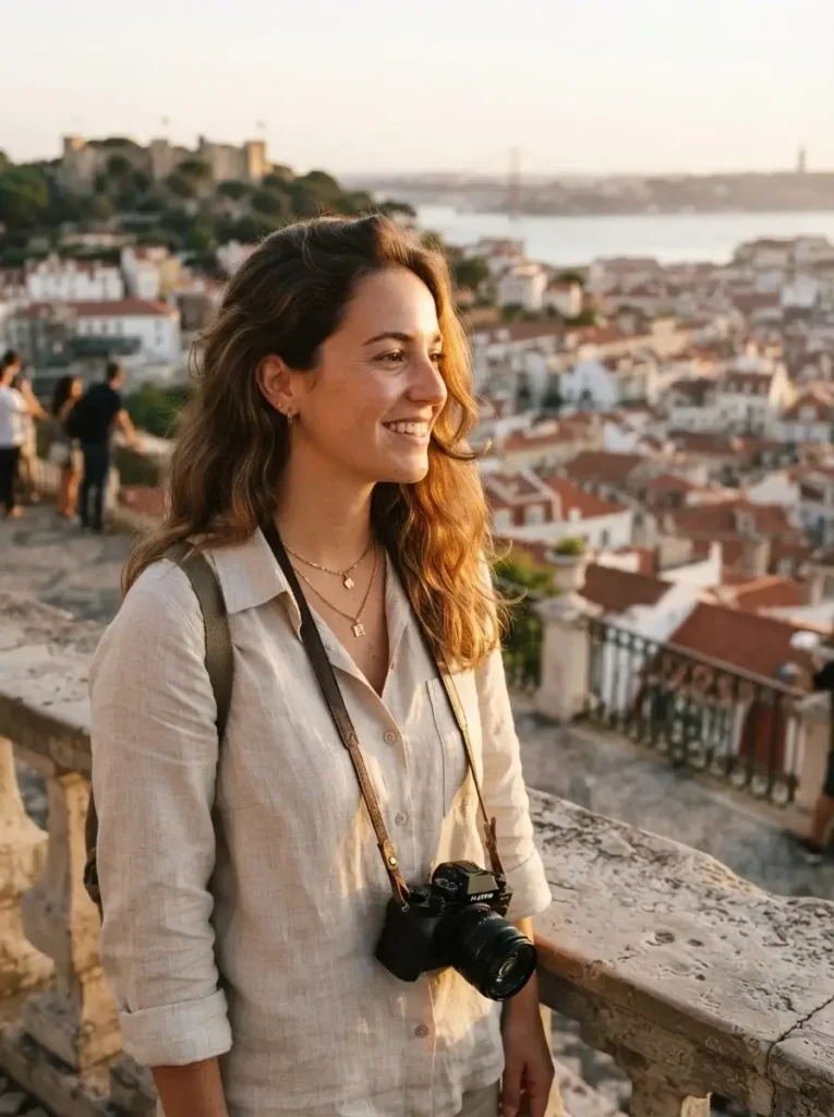 A young female traveler with a mirrorless camera looking out over the red-tiled rooftops of Lisbon from the Miradouro da Senhora do Monte at sunset.
