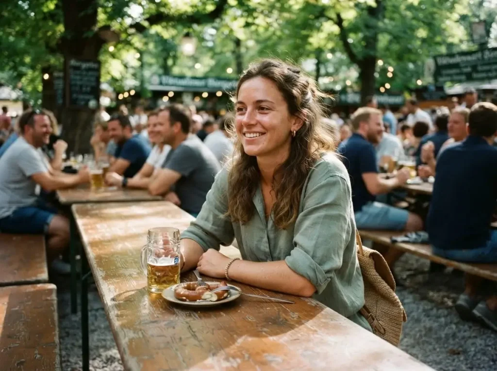 A young female traveler sitting at a long wooden bench in a lively Munich beer garden, holding a classic glass, with sunlight filtering through trees.