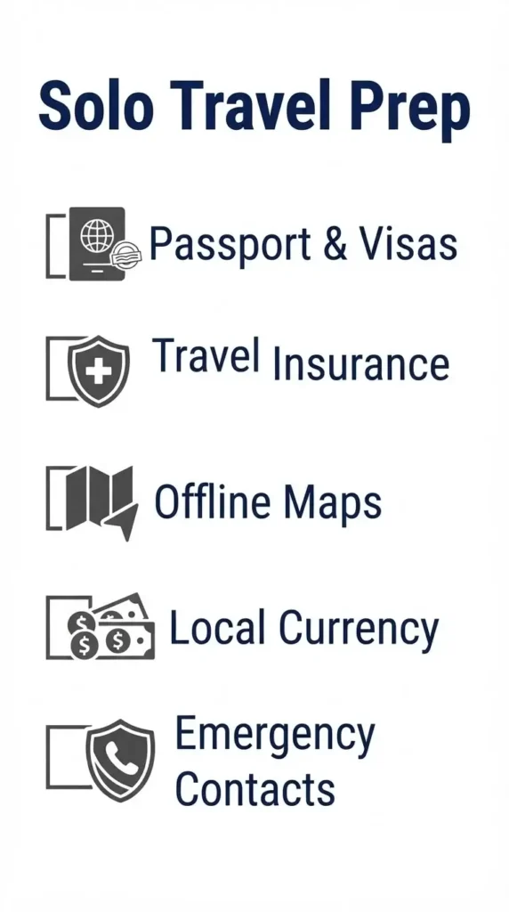 A minimalist checklist infographic for solo travelers, featuring icons for passport, travel insurance, offline maps, local currency, and emergency contacts.