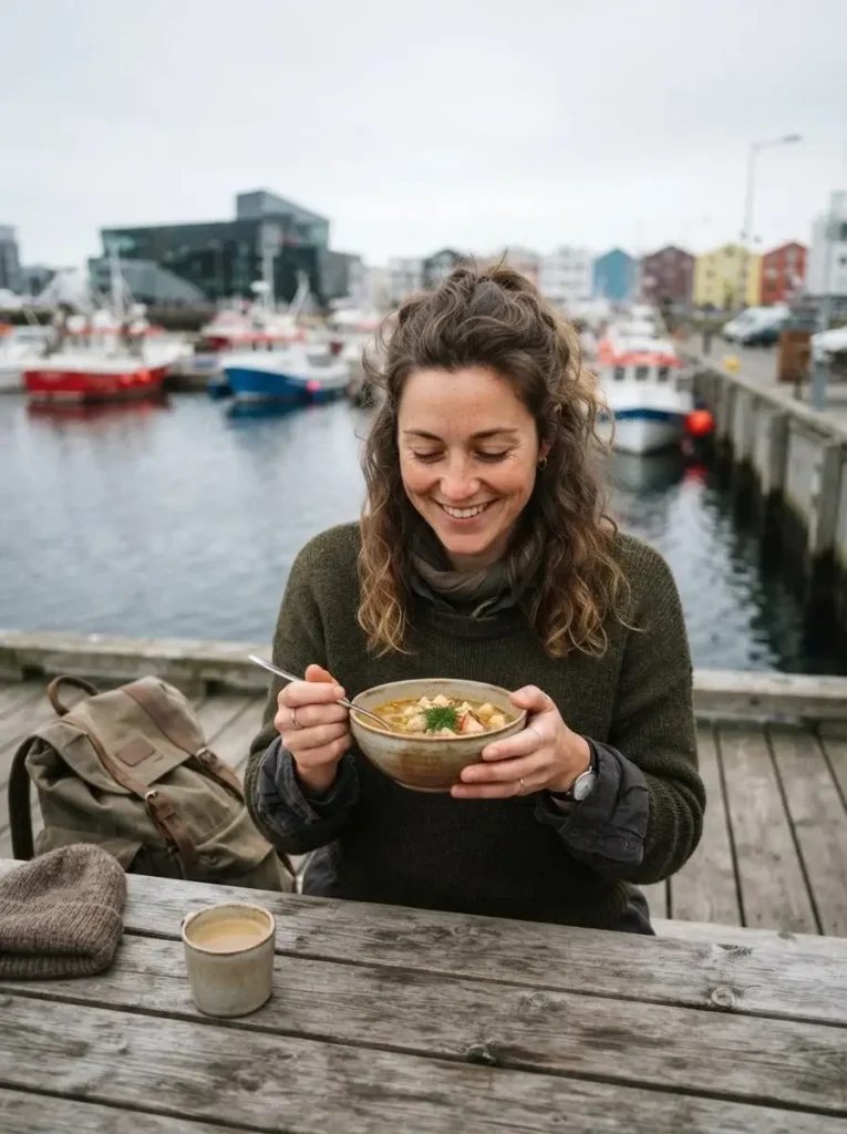 A candid shot of a young female traveler enjoying hot soup at a harbor restaurant in Reykjavik, Iceland, with the coastal water and ships in the background.