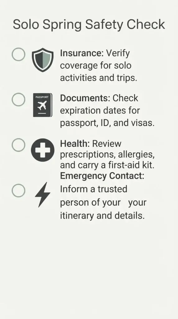 A minimalist checklist infographic for solo spring travelers featuring icons for health, documents, and gear.