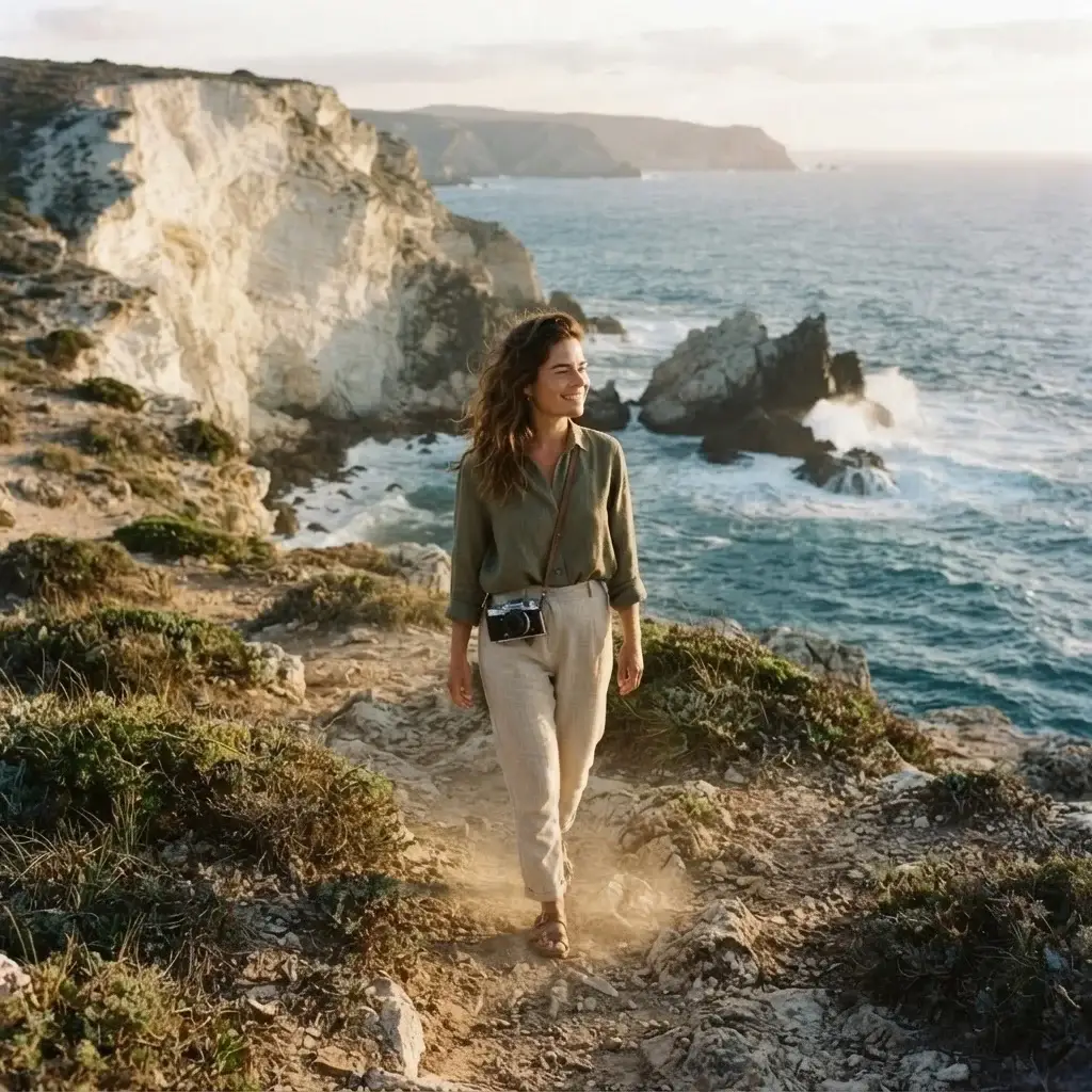 A solo traveler hiking along the dramatic cliff trails of the Alentejo Coast in Portugal, wearing casual linen clothing and carrying a mirrorless camera.