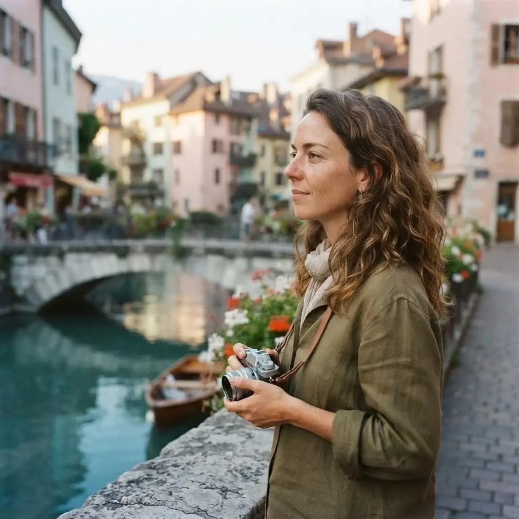 Solo traveler leaning on a flower-lined bridge in Annecy, France, with crystal clear canals and alpine scenery in the background.