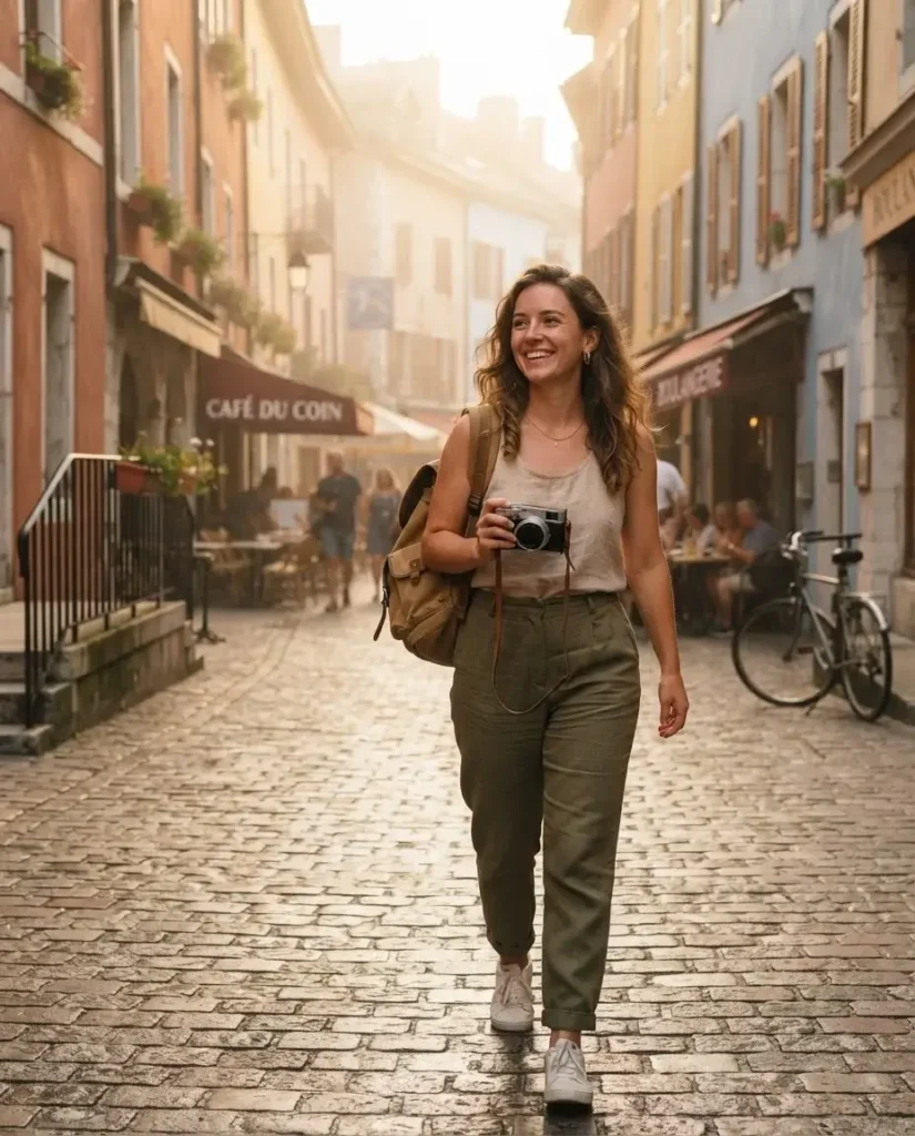 Confident solo female traveler with a single backpack and mirrorless camera walking into a sunny European old town street after a budget flight