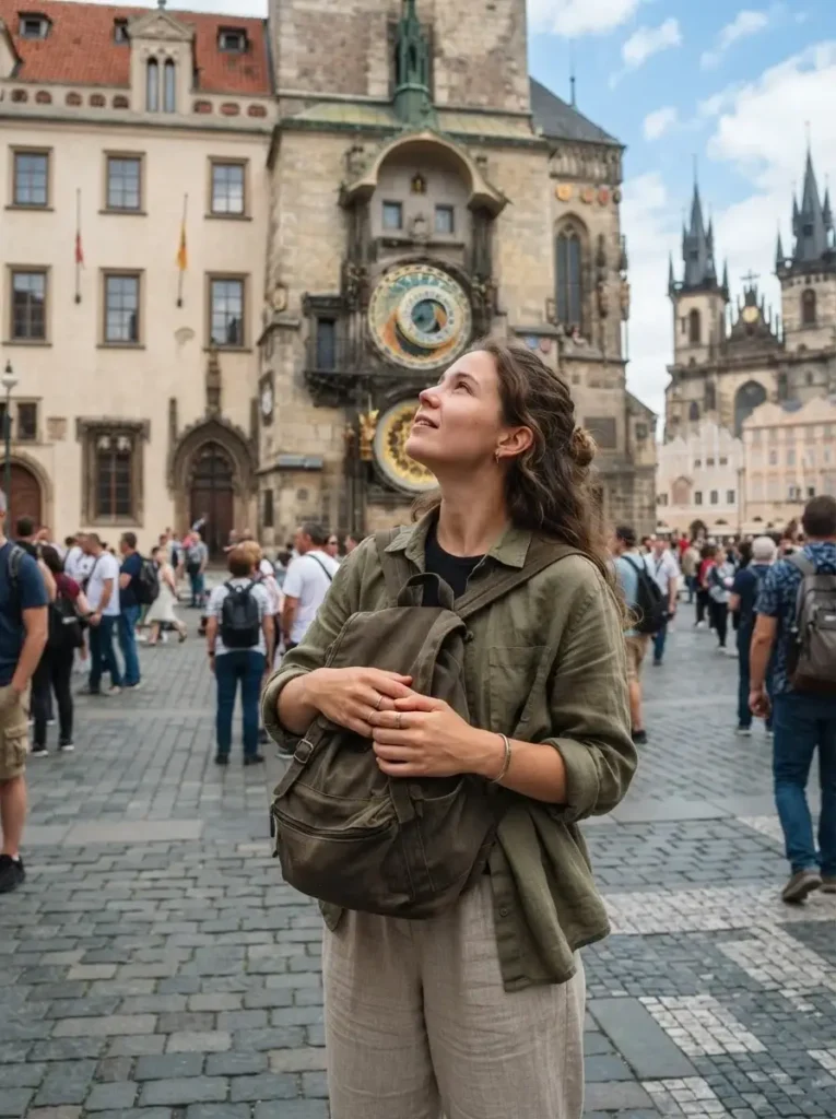 A female traveler with a mirrorless camera looking up at the historic Astronomical Clock in Prague's Old Town Square, captured in a candid, cautious moment.