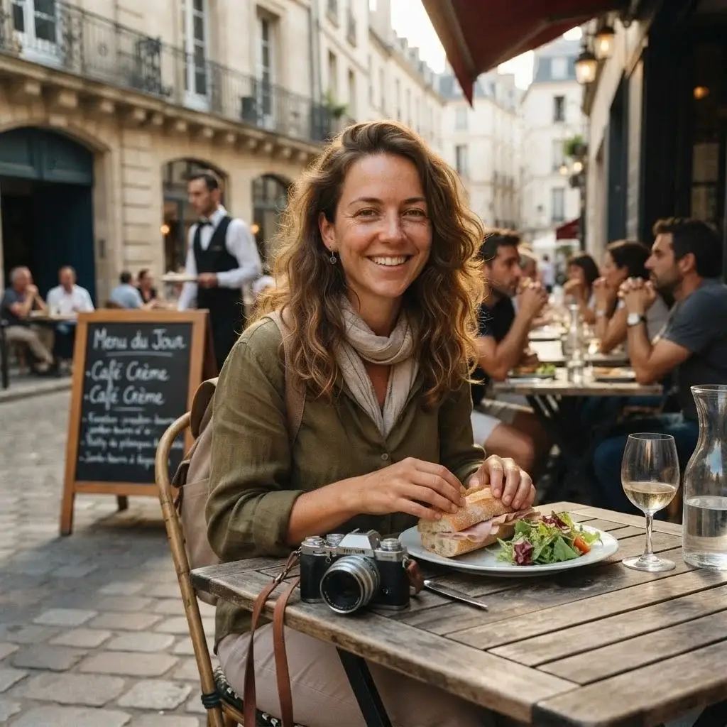 Emma Collins enjoying a relaxed, solo lunch at a small wooden bistro table on a European sidewalk, looking comfortable and smiling, demonstrating solo travel confidence.
