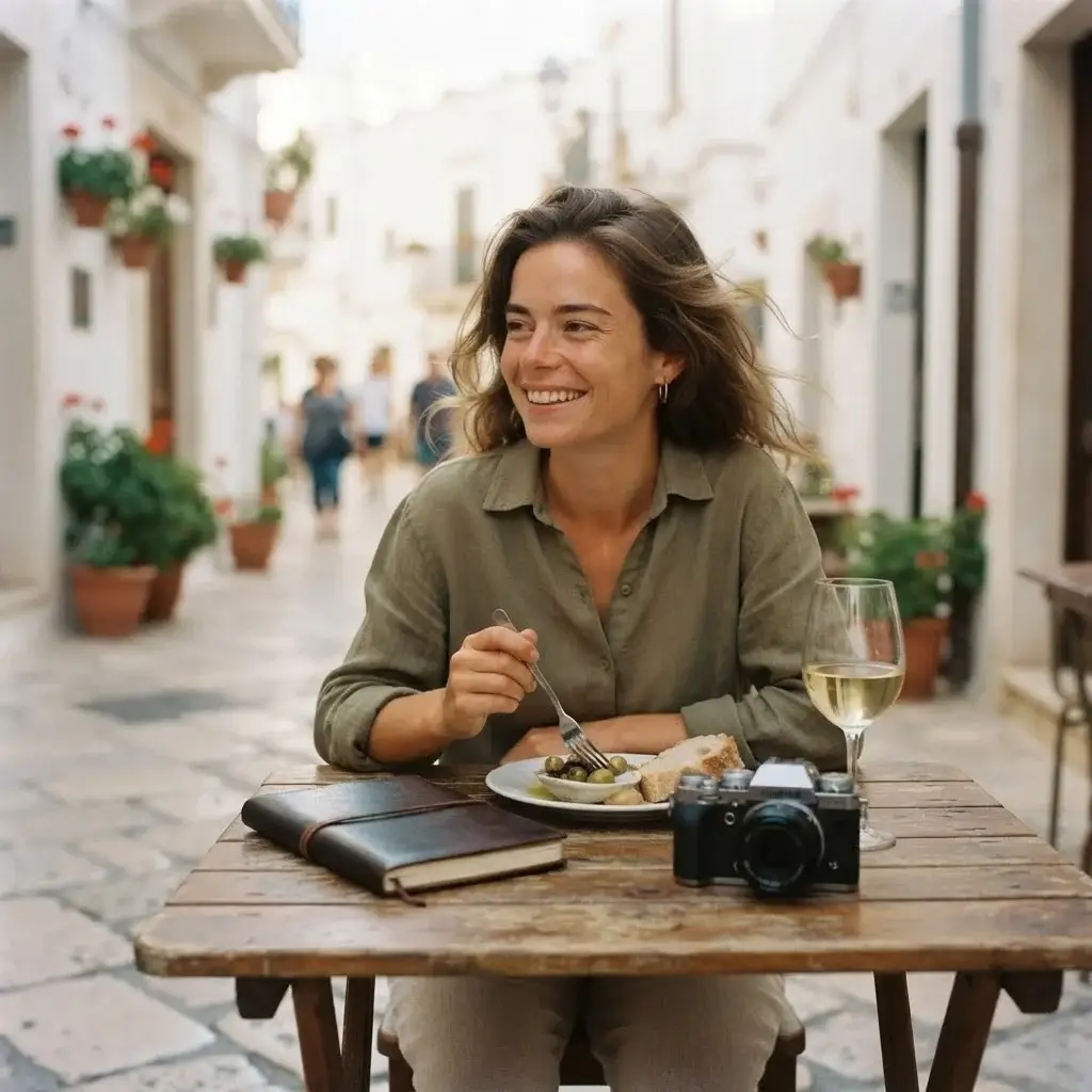 A solo traveler sitting at a small, authentic outdoor café table in Southern Europe, enjoying a local meal with a journal and camera nearby, looking relaxed and happy.