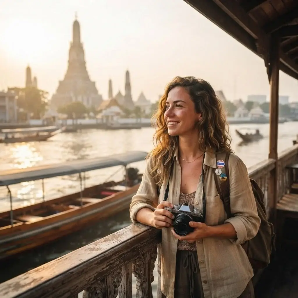 A solo traveler standing on a traditional Bangkok river longtail boat, wind in her hair, looking at the city skyline with a mirrorless camera around her neck.