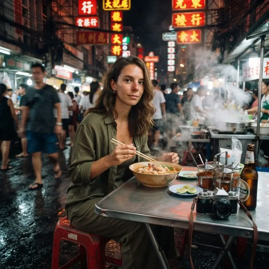 A solo traveler in casual linen clothing sitting on a small plastic chair at a busy Yaowarat Road street food stall in Bangkok, enjoying noodles under vibrant neon night signs.
