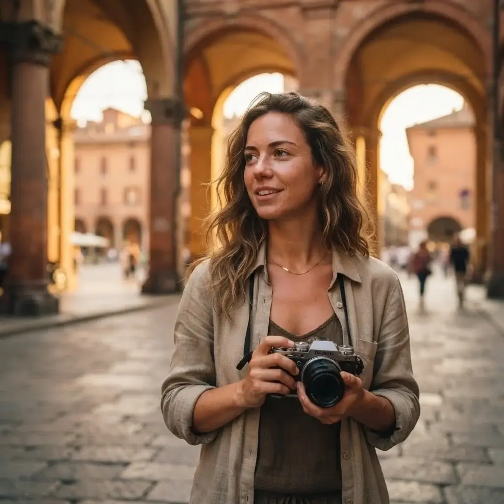 A young solo female traveler wearing a linen shirt standing in a narrow, sunlit medieval street in Bologna, Italy, holding a vintage-style mirrorless camera.