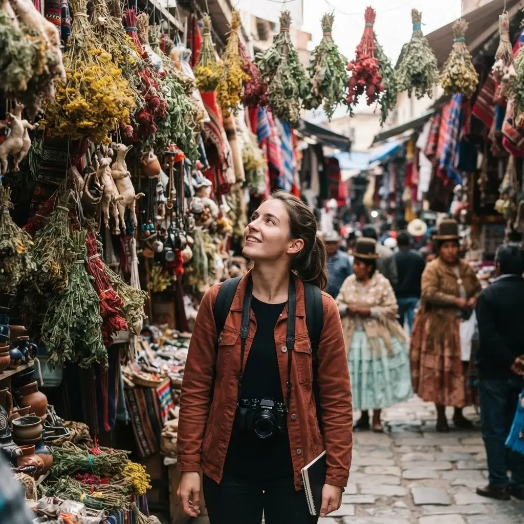 A young traveler exploring the colorful Witches' Market in La Paz, observing traditional Aymara herbs and artifacts in an authentic street market setting.