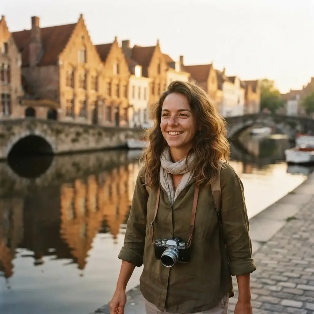 Young female traveler with a mirrorless camera walking along the medieval canals of Bruges, Belgium, during a soft, warm golden hour.