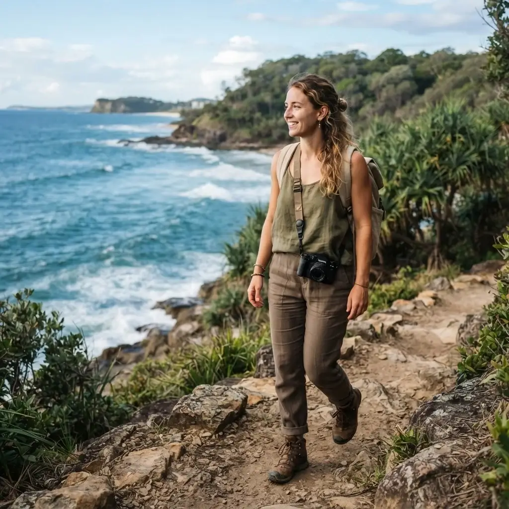 A woman traveler with a camera walking along a scenic coastal trail in Burleigh Head National Park with the Pacific Ocean in the background.