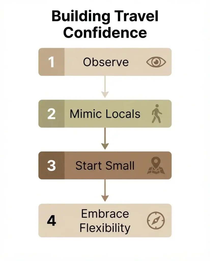 An inspirational guide infographic outlining four steps to solo travel confidence: Observe, Mimic Locals, Start Small, and Embrace Flexibility.