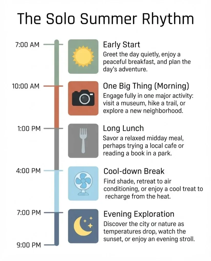 An infographic guide showing an ideal daily schedule for a solo summer city break, featuring time slots from morning to night.