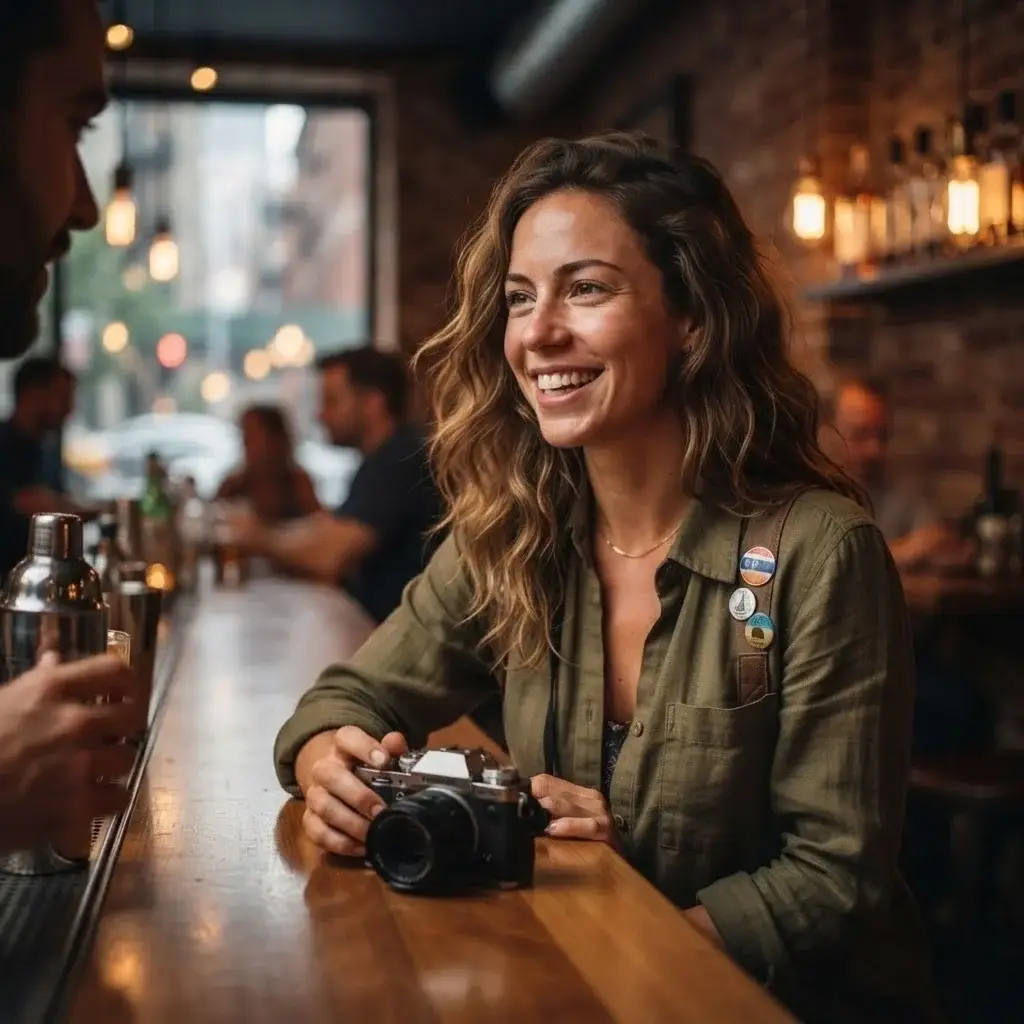 A confident young woman with natural brown hair sitting at a polished wooden bar in a city restaurant, interacting with the bartender while holding a camera, candid and warm lighting.