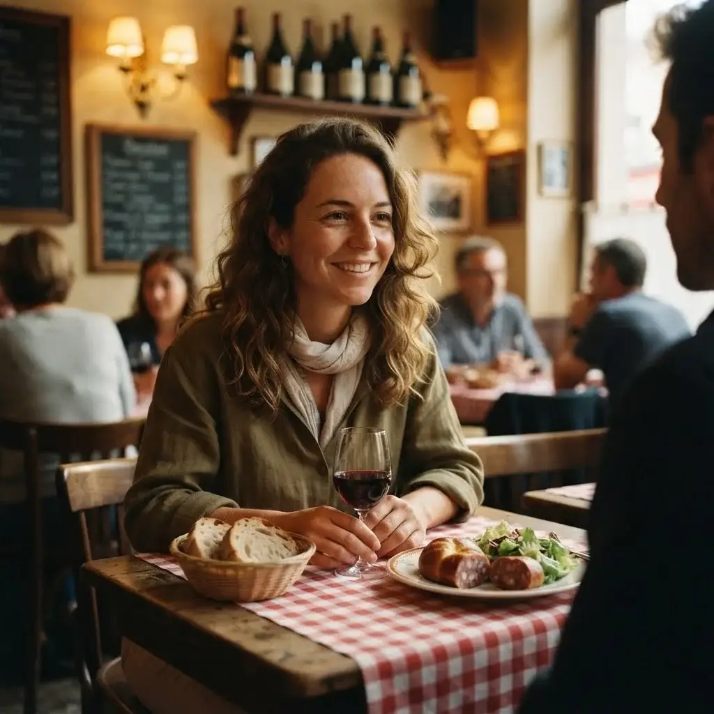 A young woman dining alone at a traditional bouchon restaurant in Lyon, France, sitting at a red-checkered tablecloth with a glass of local wine.