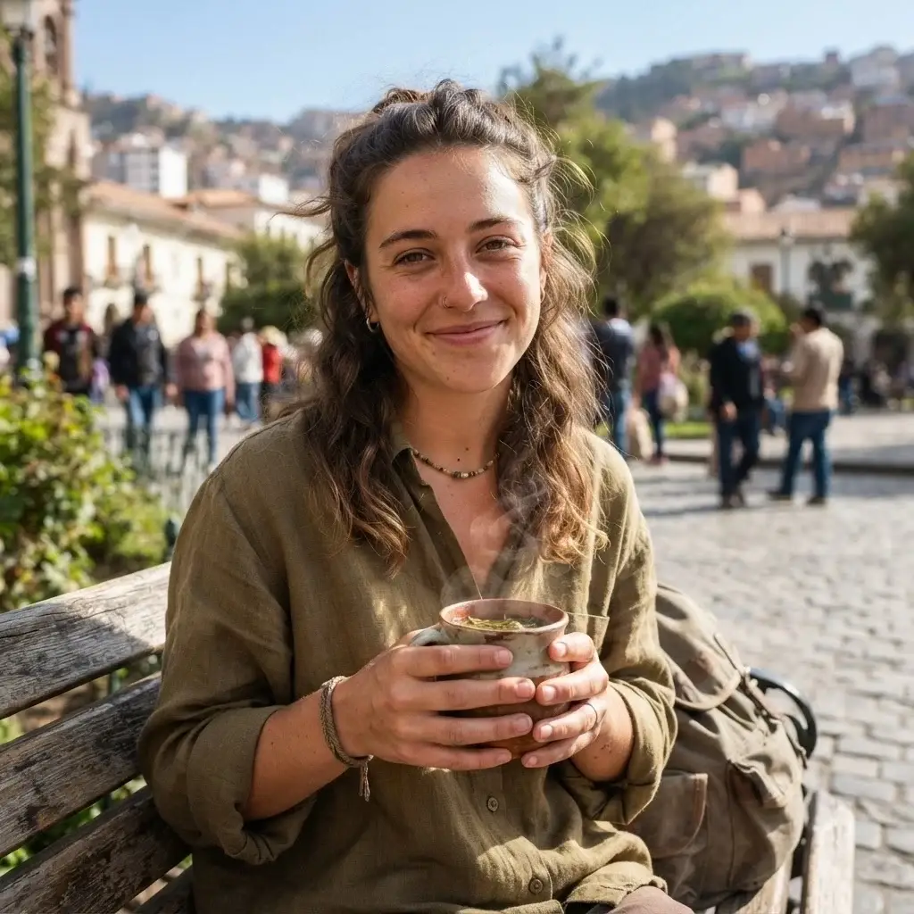 A candid portrait of a female solo traveler sitting in a quiet La Paz park, wearing comfortable linen clothing and holding a steaming cup of coca leaf tea to adjust to the high altitude.