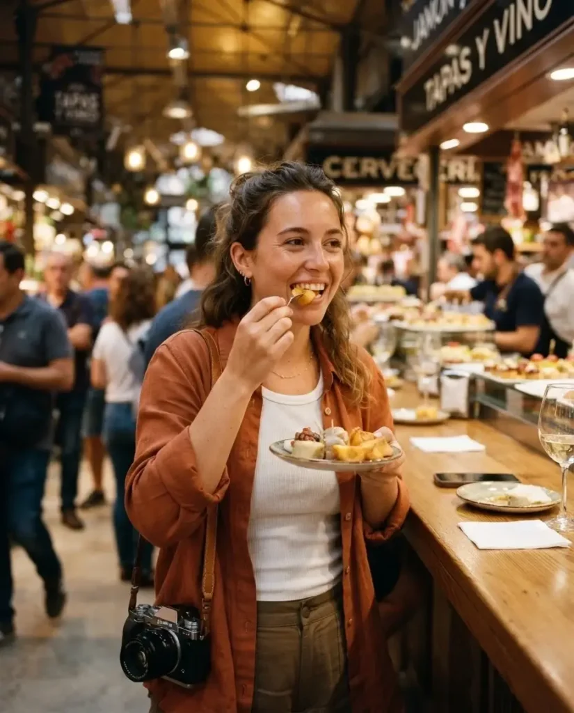Confident young solo traveler eating standing up at a busy European food market counter, smiling while holding a small plate of tapas