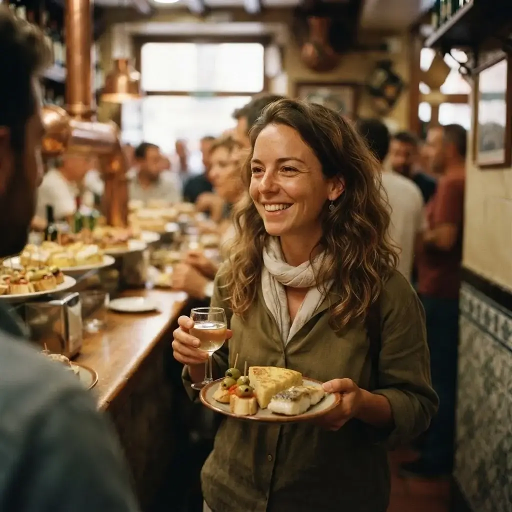 A solo traveler standing at a busy pintxos bar in San Sebastian, Spain, enjoying small snacks with a glass of wine, authentic local culinary experience.