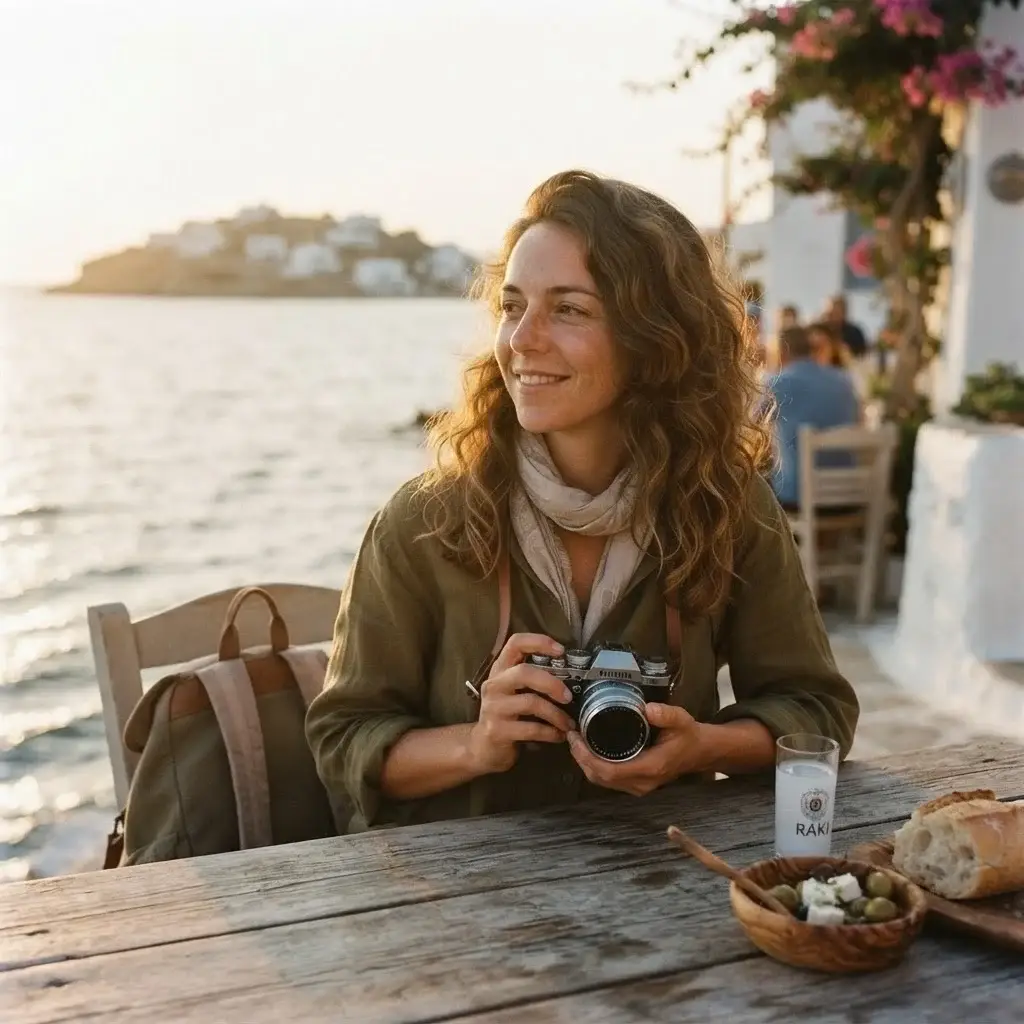 A solo traveler sitting at a rustic outdoor taverna in Crete, Greece, with a view of the Mediterranean Sea, enjoying a fresh Dakos salad.