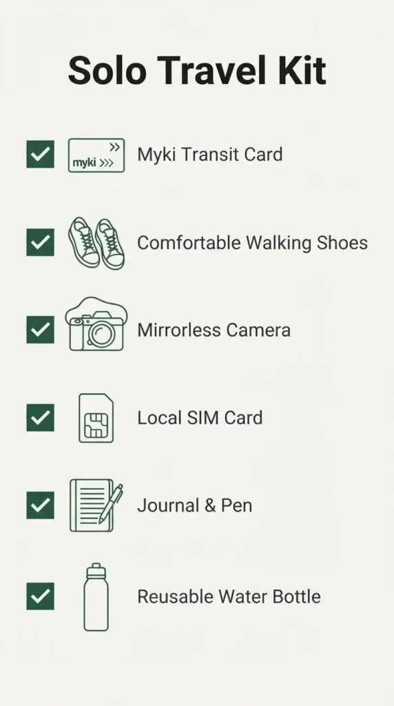 A minimalist checklist infographic for solo travelers visiting Melbourne, listing Myki card, comfortable walking shoes, camera, and local SIM card.