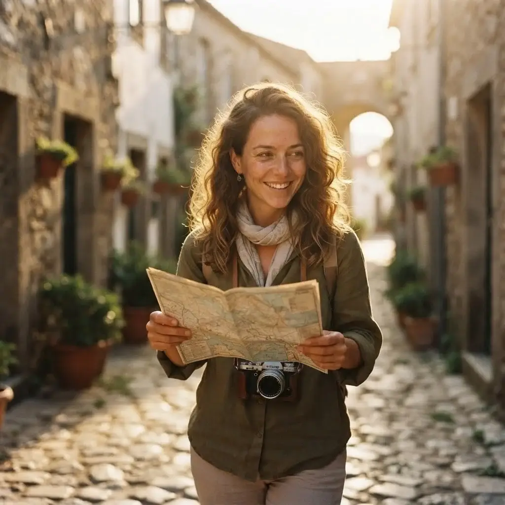 A candid shot of Emma Collins walking down a narrow, sun-drenched cobblestone alley in a quiet Portuguese village, carrying a mirrorless camera and wearing linen travel clothes.
