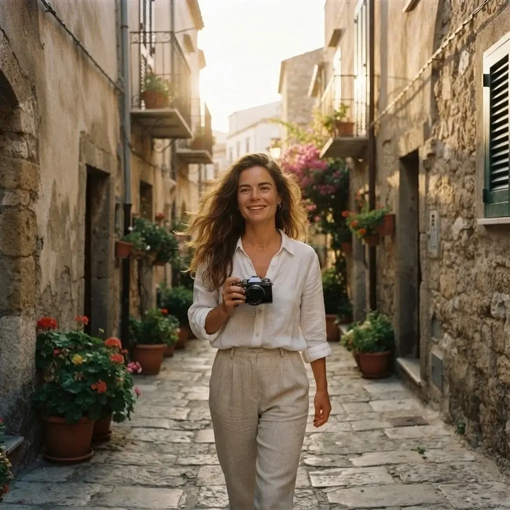 A young woman with natural brown hair exploring the narrow, historic limestone streets of Puglia, Italy, with a camera, capturing the authentic local architecture.