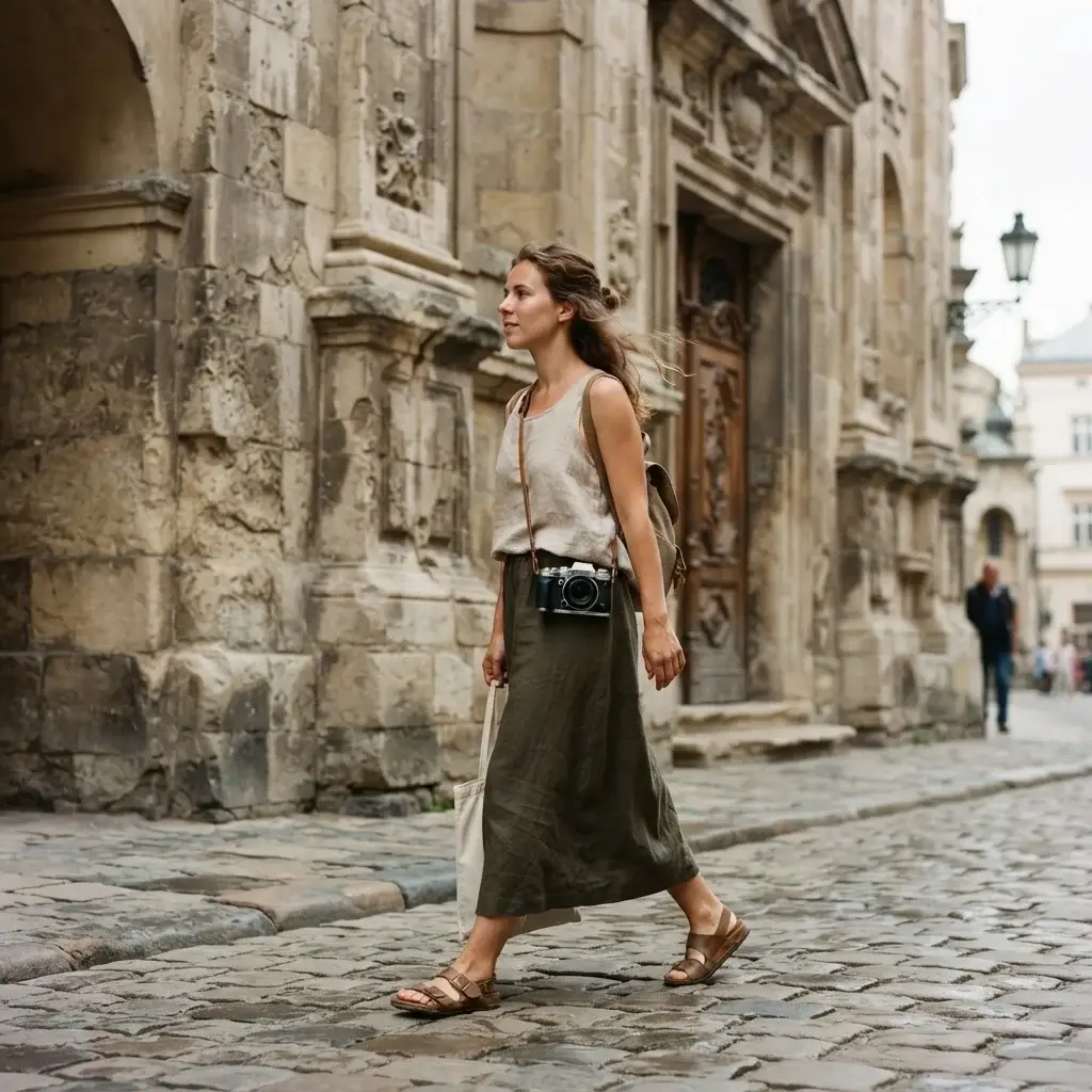 A young female solo traveler holding a classic mirrorless camera, looking up at the stone architecture of an old historic landmark along her road trip route.