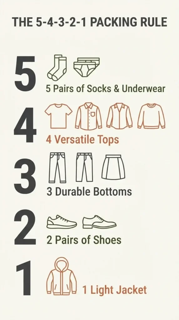 A flat vector vertical checklist infographic titled "The Solo Traveler 5-4-3-2-1 Rule" illustrating the count of essential travel clothing items.