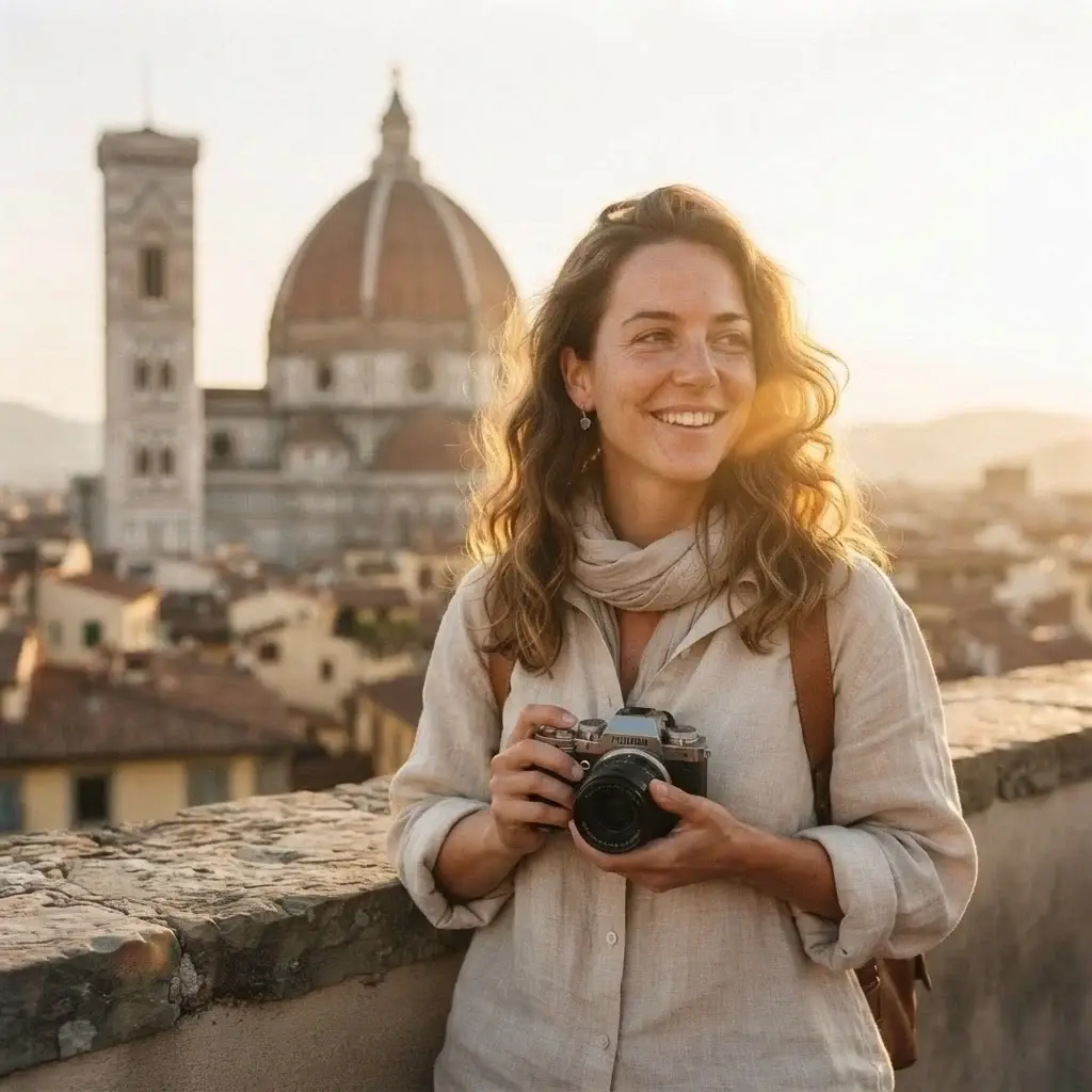A solo female traveler with brown hair looking toward the Florence Cathedral in Italy, capturing the Renaissance architecture and authentic travel spirit.