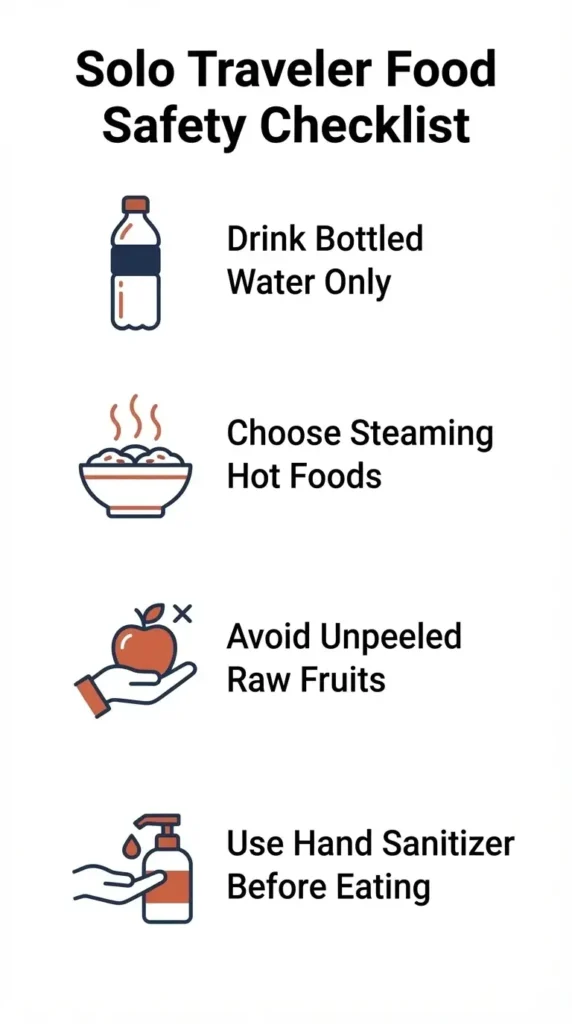 A clean, vertical checklist for solo travelers featuring icons for water safety, hand washing, and identifying safe street food stalls.