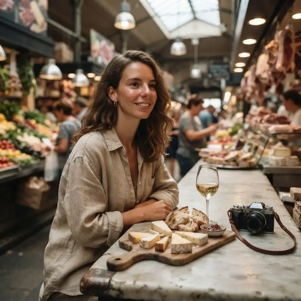 A young woman with brown hair sitting at a rustic marble market counter, thoughtfully sampling artisan cheese and local bread with a camera nearby.