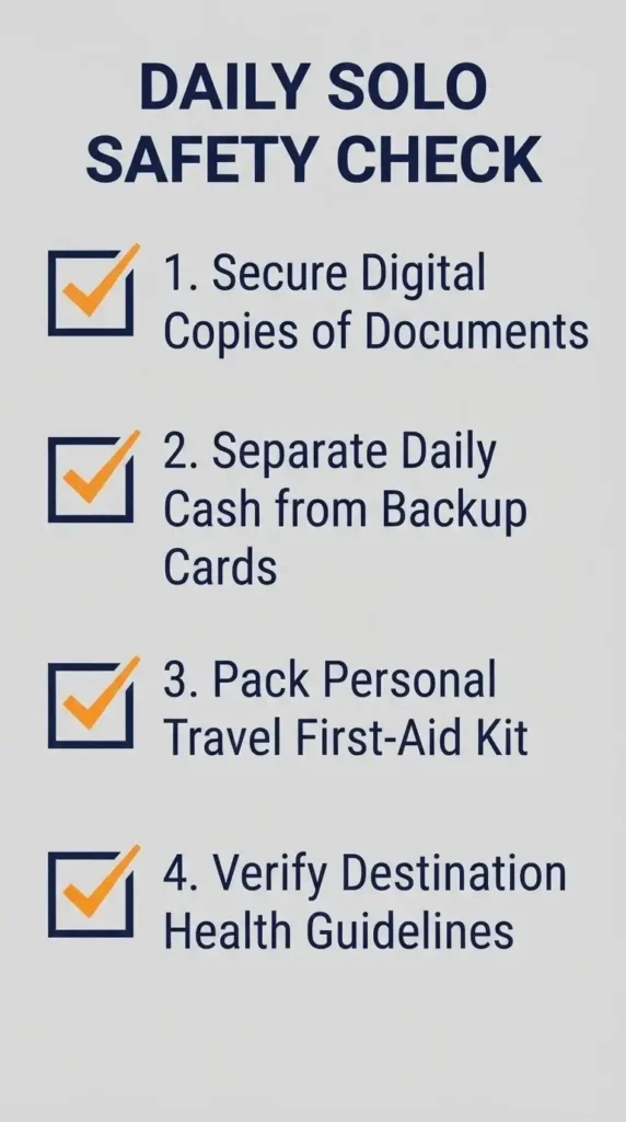 A vertical 9:16 infographic checklist outlining the essential four-step daily health and safety routines for independent solo travelers before leaving their hotel room.