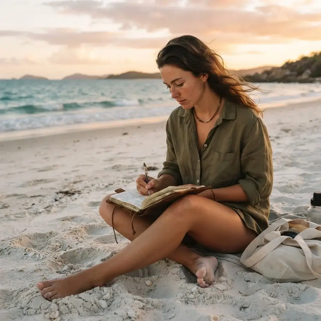 A young woman sitting on the sand at a quiet Gold Coast beach, writing in a travel journal with the ocean waves gently rolling in nearby.