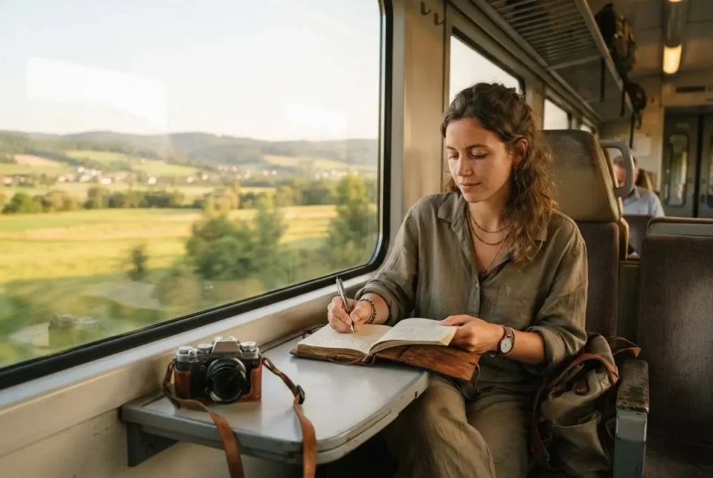 Young solo female traveler journaling by the window of a regional European train as green countryside passes by in golden light