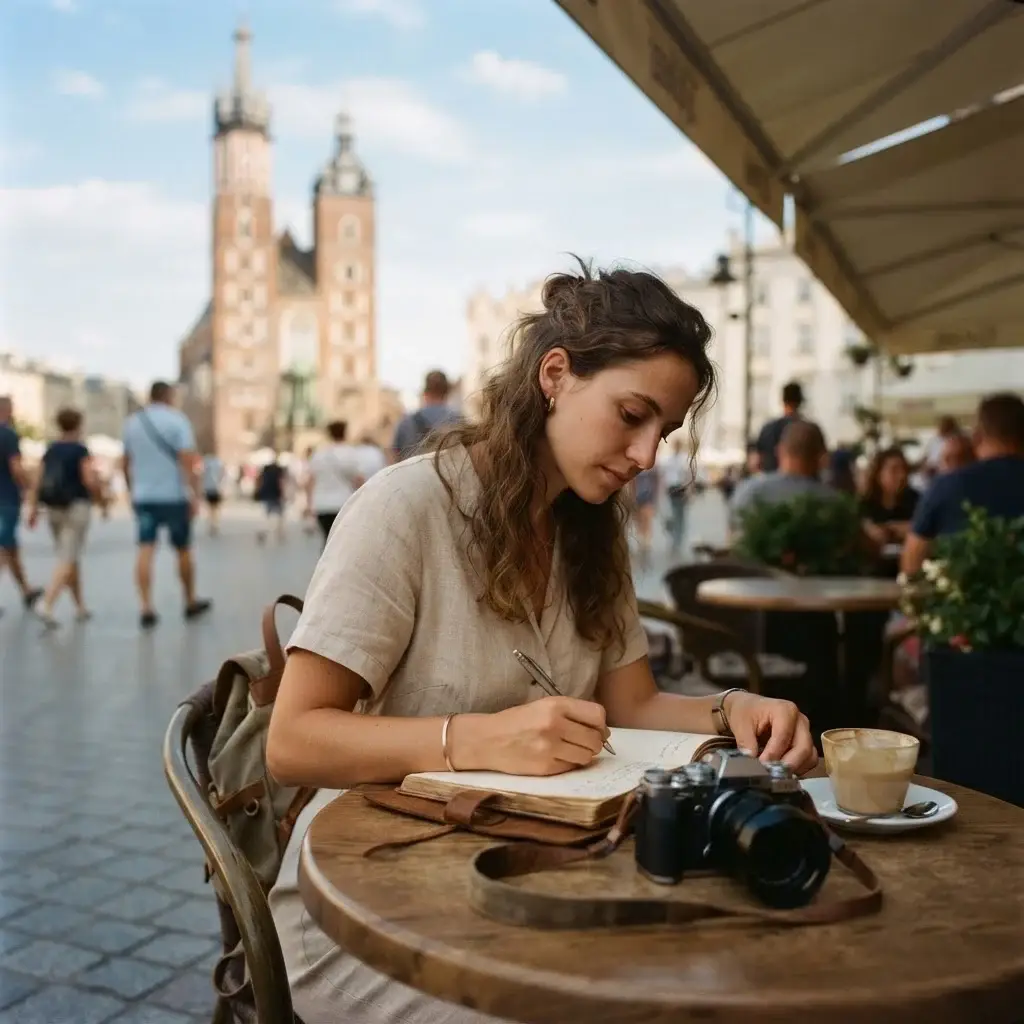 Solo traveler with brown hair sitting at an outdoor cafe in Krakow’s Main Market Square with an open travel journal, with medieval church towers in the blurred background.