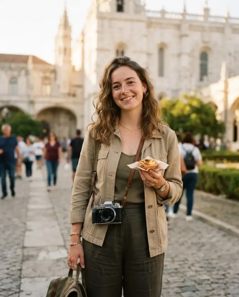 Solo female traveler holding a warm pastel de nata near the Jerónimos Monastery in Belém, Lisbon Portugal