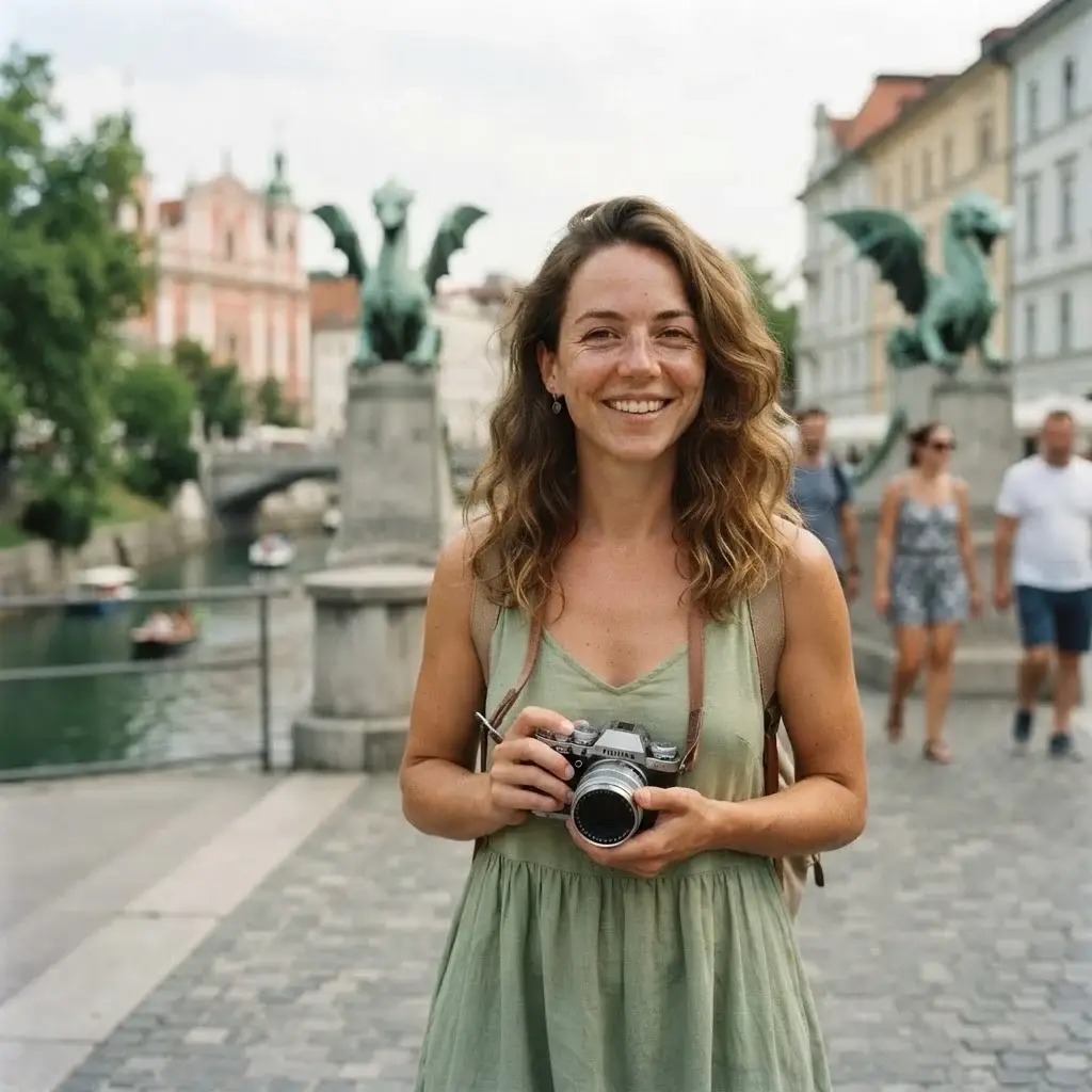 A young female traveler walking across the Dragon Bridge in Ljubljana, Slovenia, exploring the city’s green urban center.