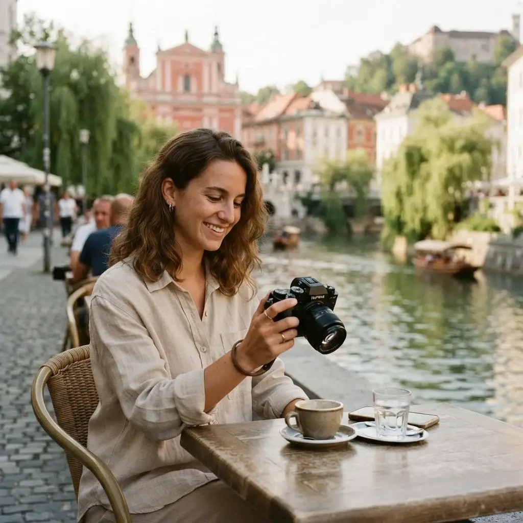A woman in casual linen clothes holding a mirrorless camera, enjoying a coffee at a riverside cafe in Ljubljana, Slovenia, with lush trees and pastel building facades.