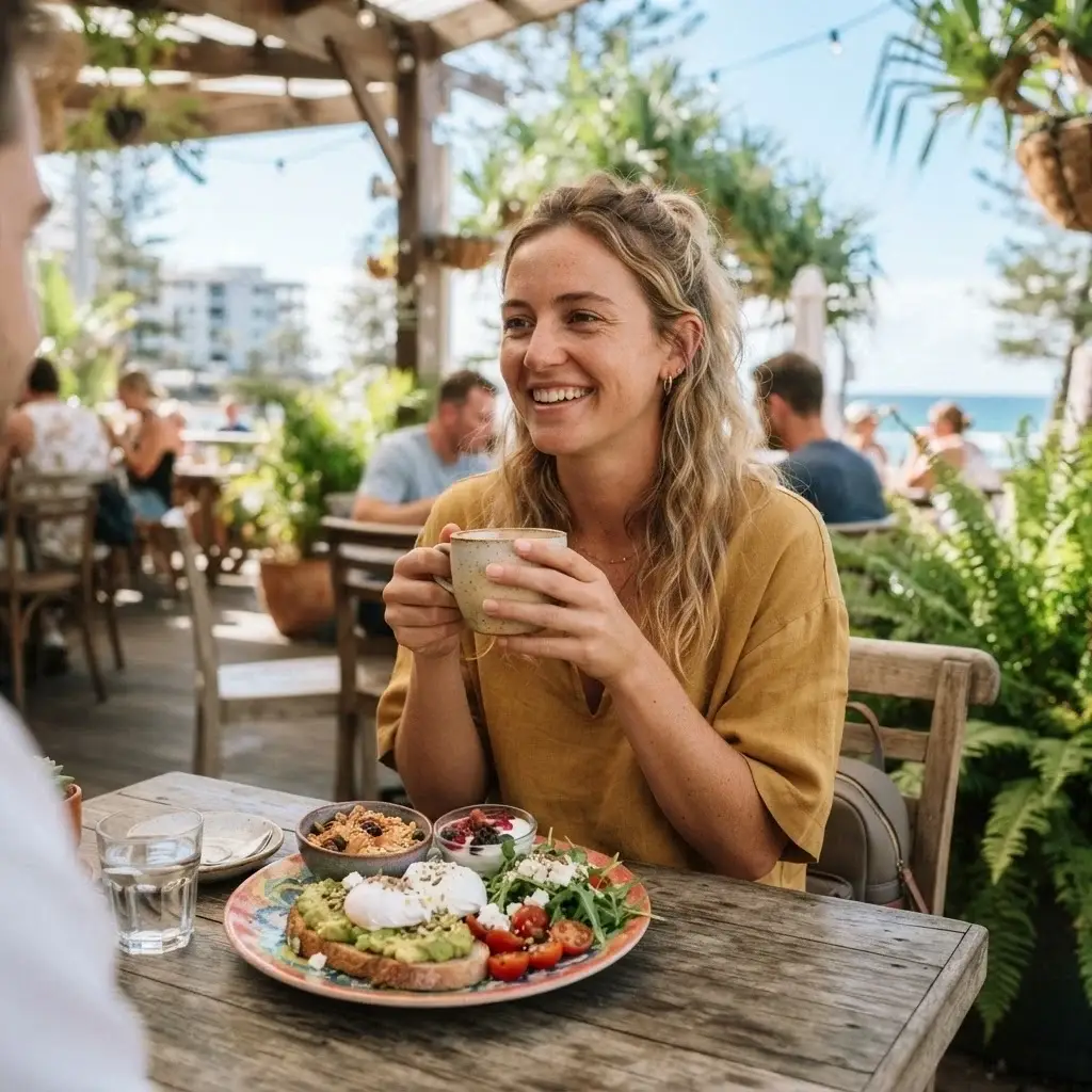 A solo traveler enjoying a fresh, locally sourced brunch at an open-air cafe in the Gold Coast, emphasizing authentic cultural immersion.