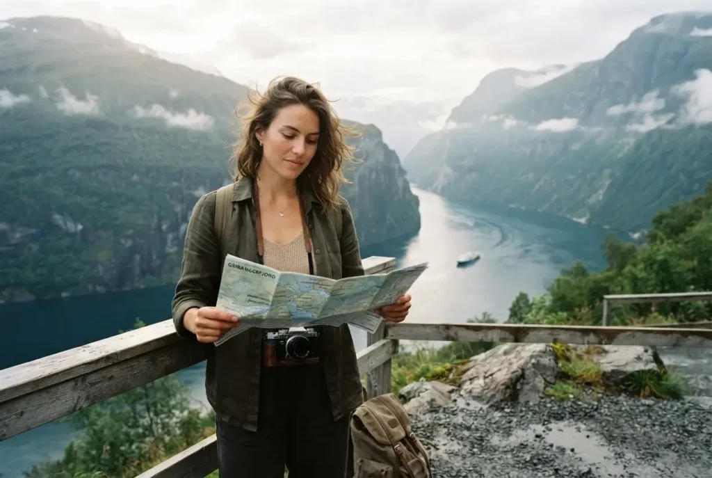 Solo female traveler reading a paper map at a Norwegian fjord viewpoint in soft morning light, confident solo nature travel in Europe