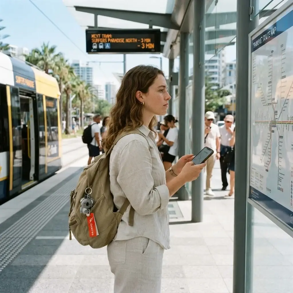 A young solo traveler looking at a transit app on her phone while standing on a modern Gold Coast light rail platform in Queensland, Australia.